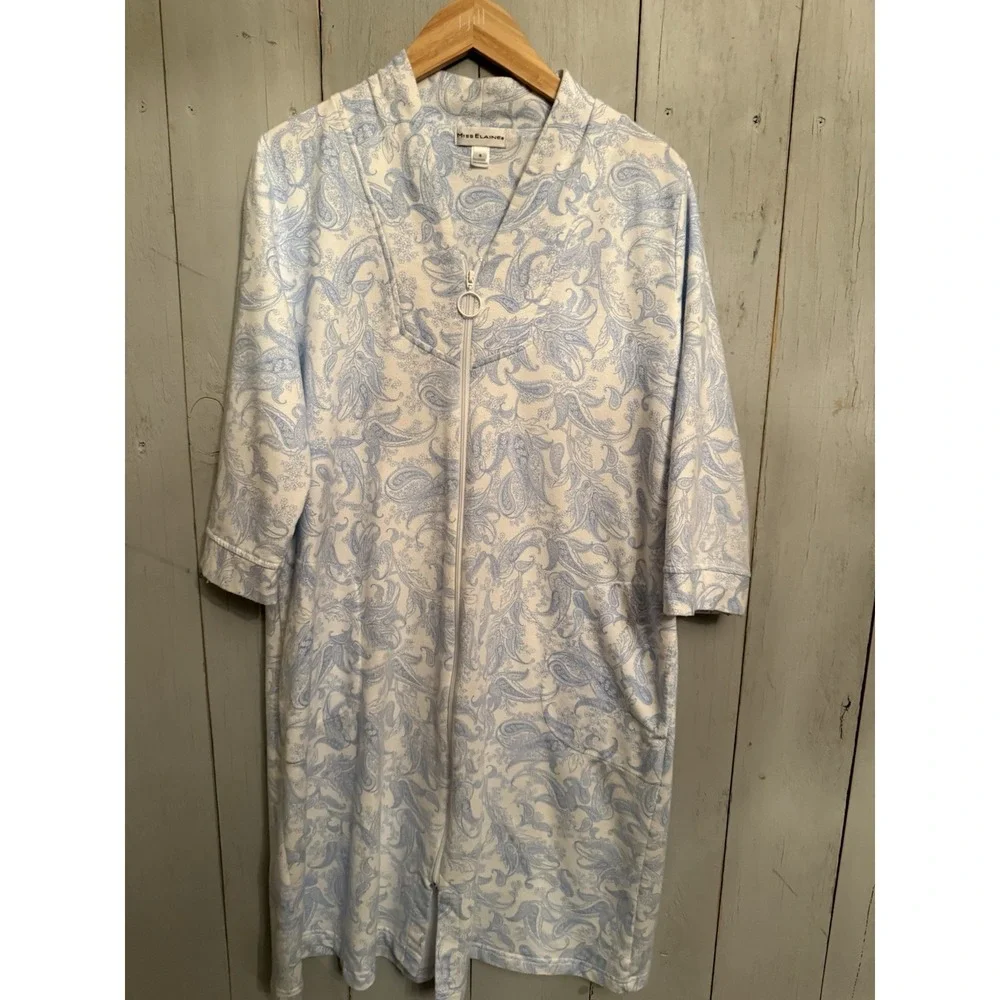 Miss Elaine Quilted Paisley  3/4-Sleeve Full Zip‎ Up Robe Blue Floral Sz-S